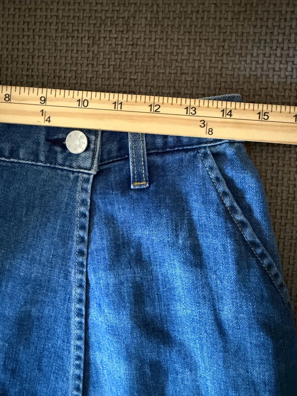AMO Denim Wrap Skirt Midi Marie  Wistful Medium Wash S Made in USA Stretch Blue